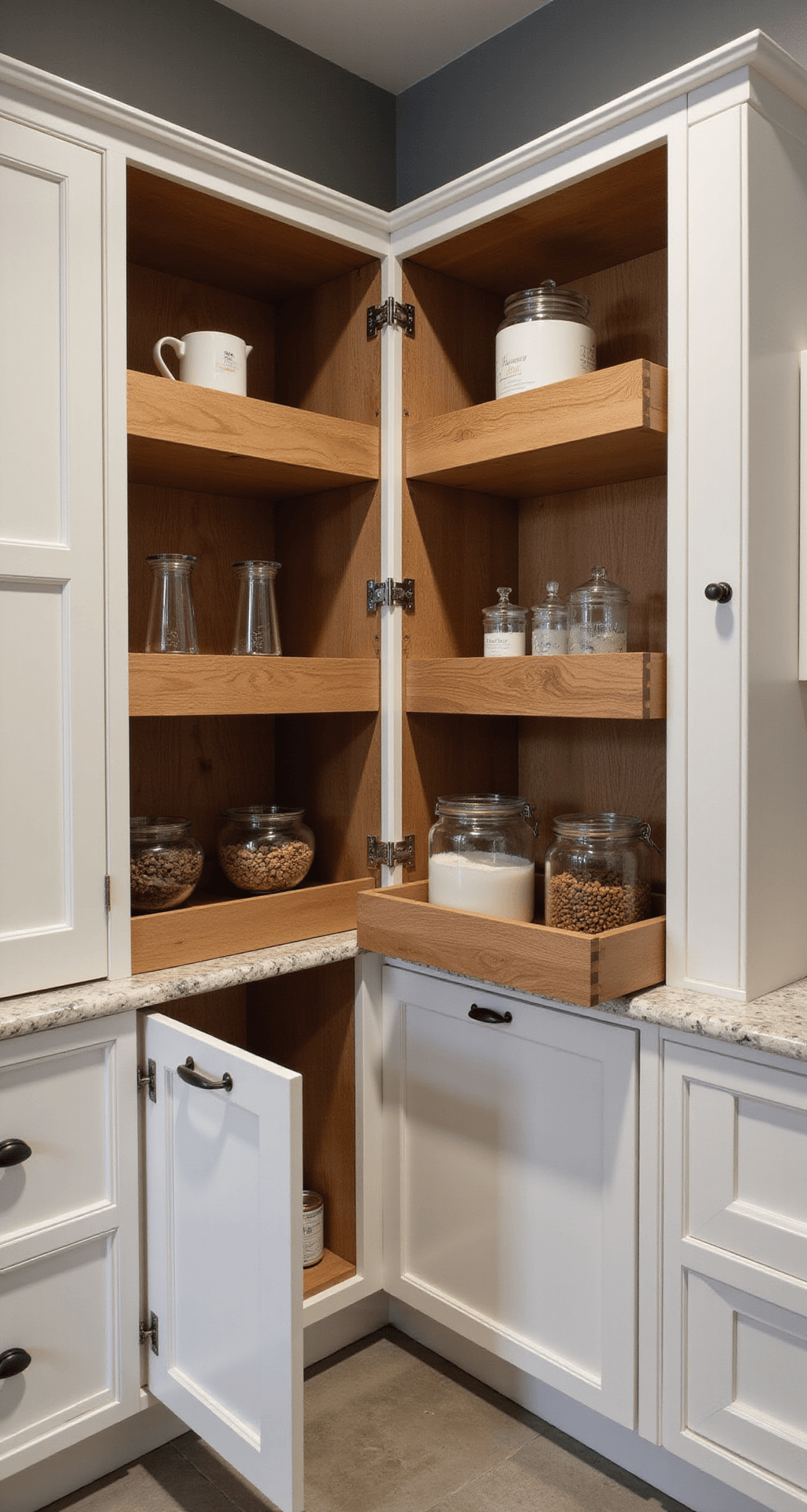 Stylish Kitchen Cabinet Ideas: Transform Your Space with Smart Design Detail shot of a modern corner cabinet in a 10x12ft kitchen, featuring innovative pull-out shelving in warm walnut against white cabinets, illuminated by overhead lighting that casts shadows on functional elements, showcasing minimal styling with organized everyday items and highlighted mechanical features.