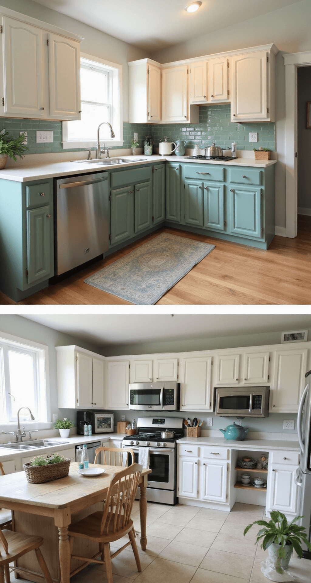 Stylish Kitchen Cabinet Ideas: Transform Your Space with Smart Design A budget-friendly kitchen transformation featuring two-tone RTA cabinets with deep sage green lower cabinets and cream upper cabinets, captured in a 12x14ft space filled with soft afternoon light, showcasing a DIY aesthetic and affordable accessories that enhance the welcoming and creative atmosphere.