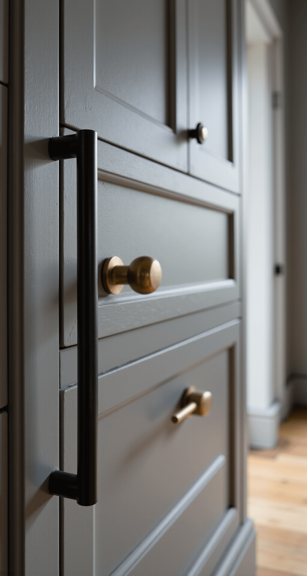 Stylish Kitchen Cabinet Ideas: Transform Your Space with Smart Design Close-up of mixed-metal hardware on grey-painted kitchen cabinets, featuring matte black and brushed brass finishes, illuminated by evening directional lighting to highlight texture and detail in a modern, luxe setting.