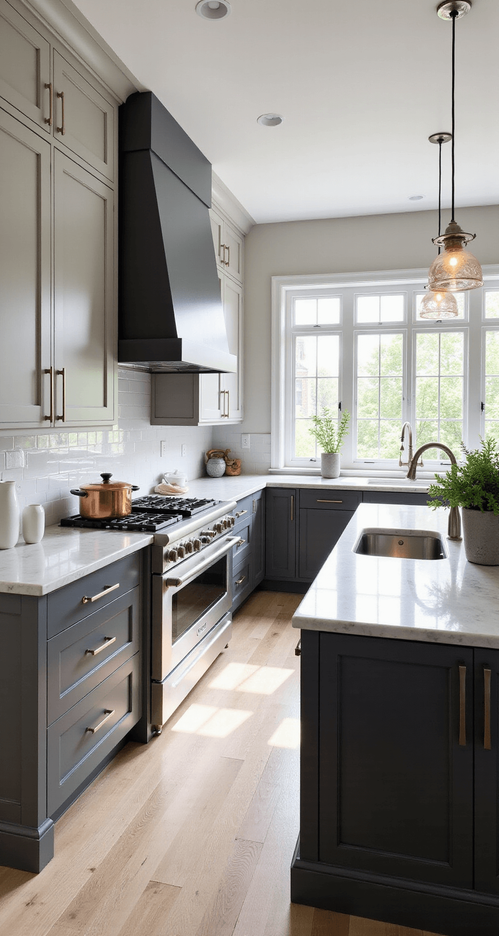 Grey Kitchen Cabinets: The Ultimate Design Guide for Modern Homes A contemporary kitchen featuring dove grey Shaker-style cabinets, white marble countertops, and a large island with charcoal grey cabinetry, illuminated by morning light from floor-to-ceiling windows, with copper cookware and fresh herbs decorating the space.