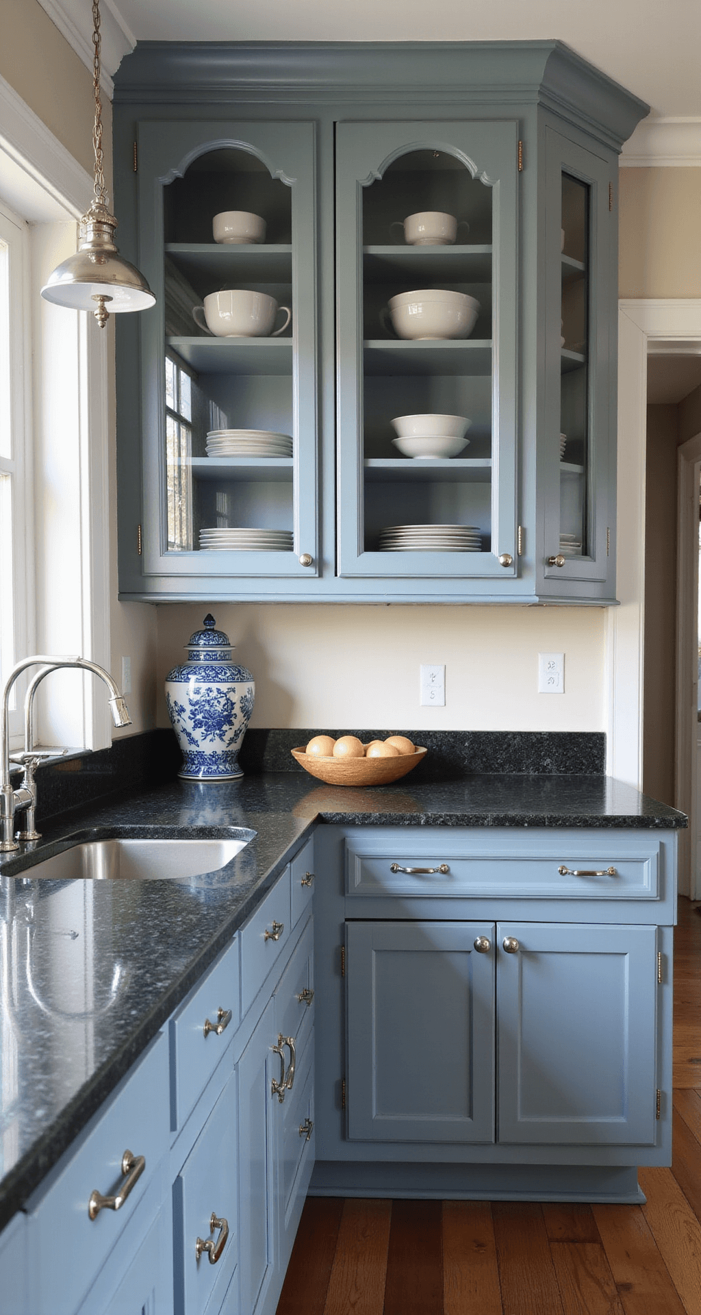 Grey Kitchen Cabinets: The Ultimate Design Guide for Modern Homes A cozy 10x12ft kitchen featuring blue-grey cabinets that transition from steel blue to warm grey under afternoon light, glass-front upper cabinets showcasing white dinnerware, deep charcoal honed granite countertops, vintage schoolhouse pendant lights, and blue-and-white chinoiserie vases with polished nickel accents.