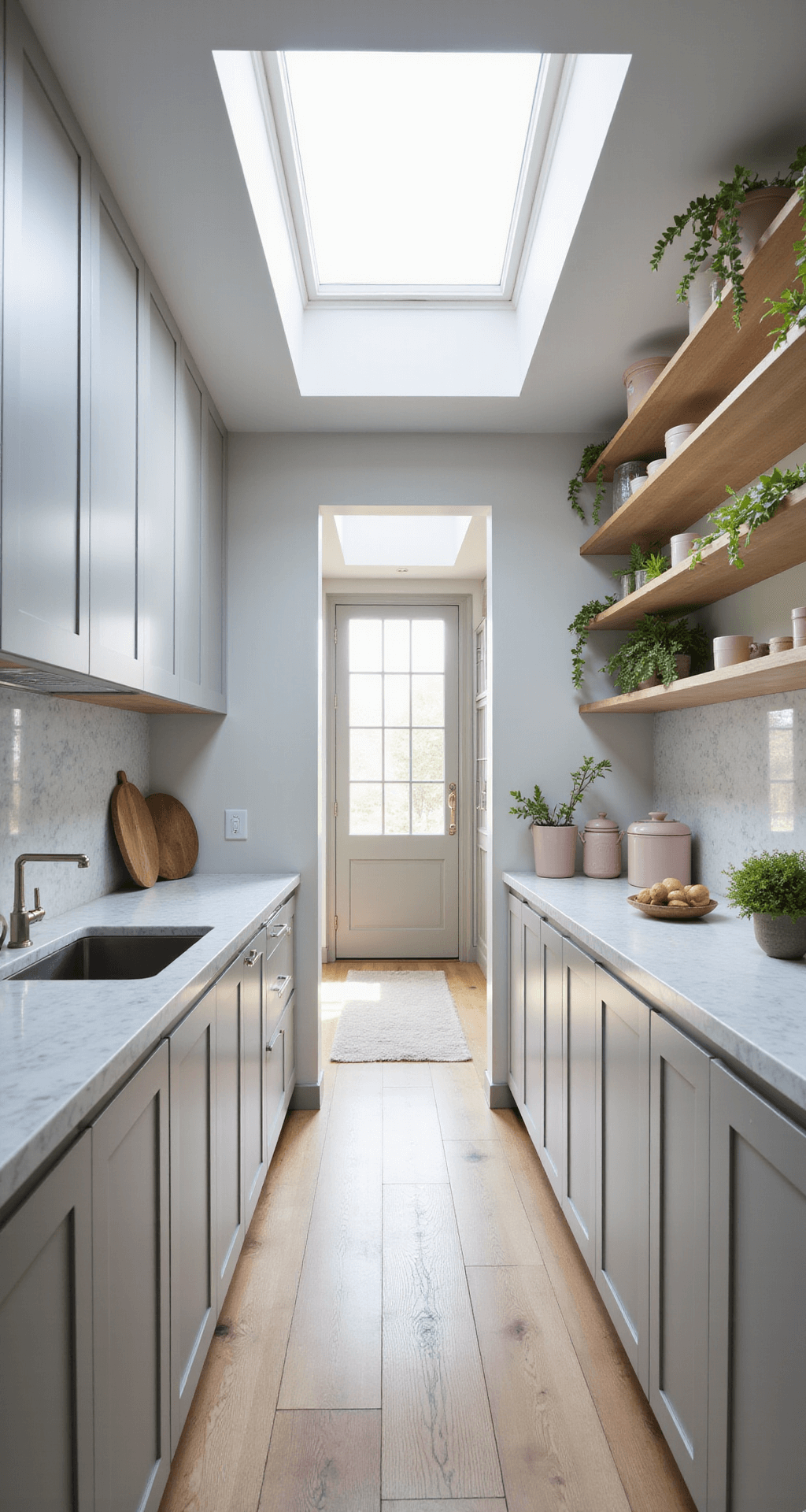 Grey Kitchen Cabinets: The Ultimate Design Guide for Modern Homes Sun-filled galley kitchen featuring dove grey flat-panel cabinets, white oak open shelving, Carrara marble backsplash and counters, skylights above, pale pink ceramics, glass canisters, and trailing plants, all set against warm pale oak flooring.