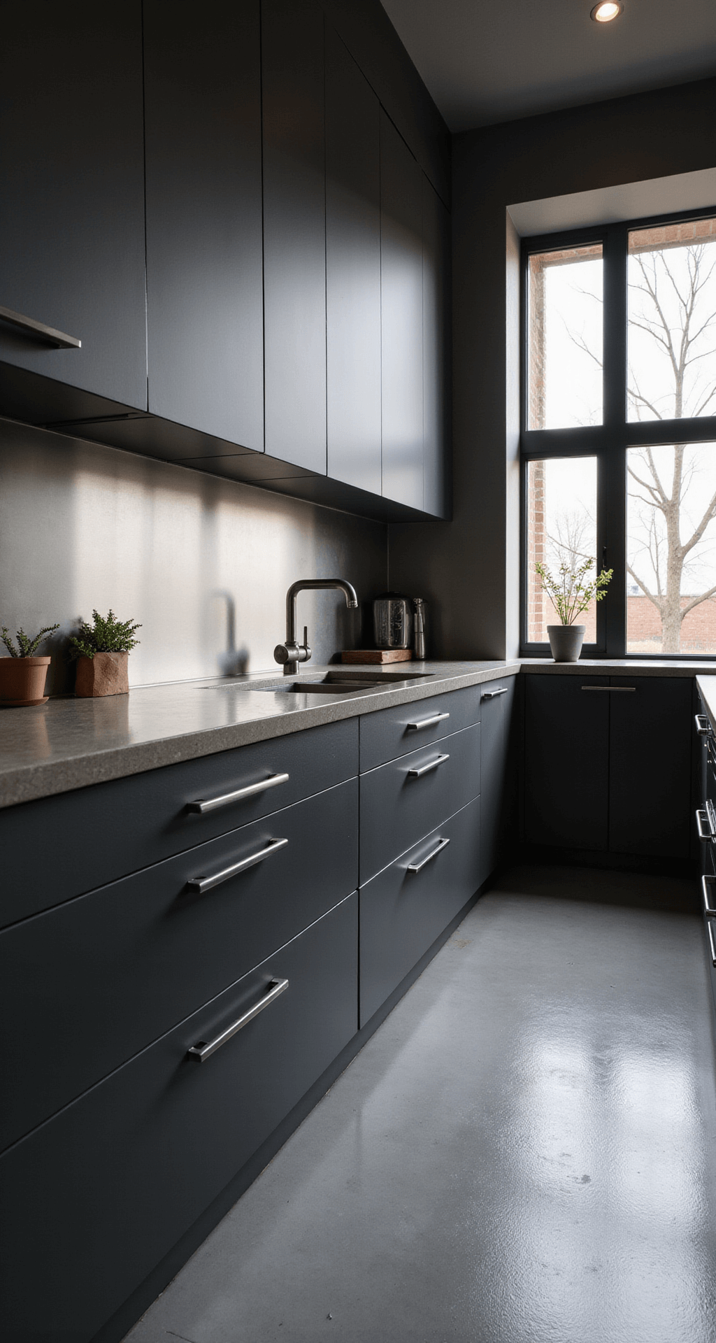 Grey Kitchen Cabinets: The Ultimate Design Guide for Modern Homes Industrial-chic kitchen with dark slate grey cabinets, polished concrete countertops, and stainless steel backsplash, illuminated by floor-to-ceiling windows, featuring minimal styling and chrome accessories on smooth grey epoxy flooring.