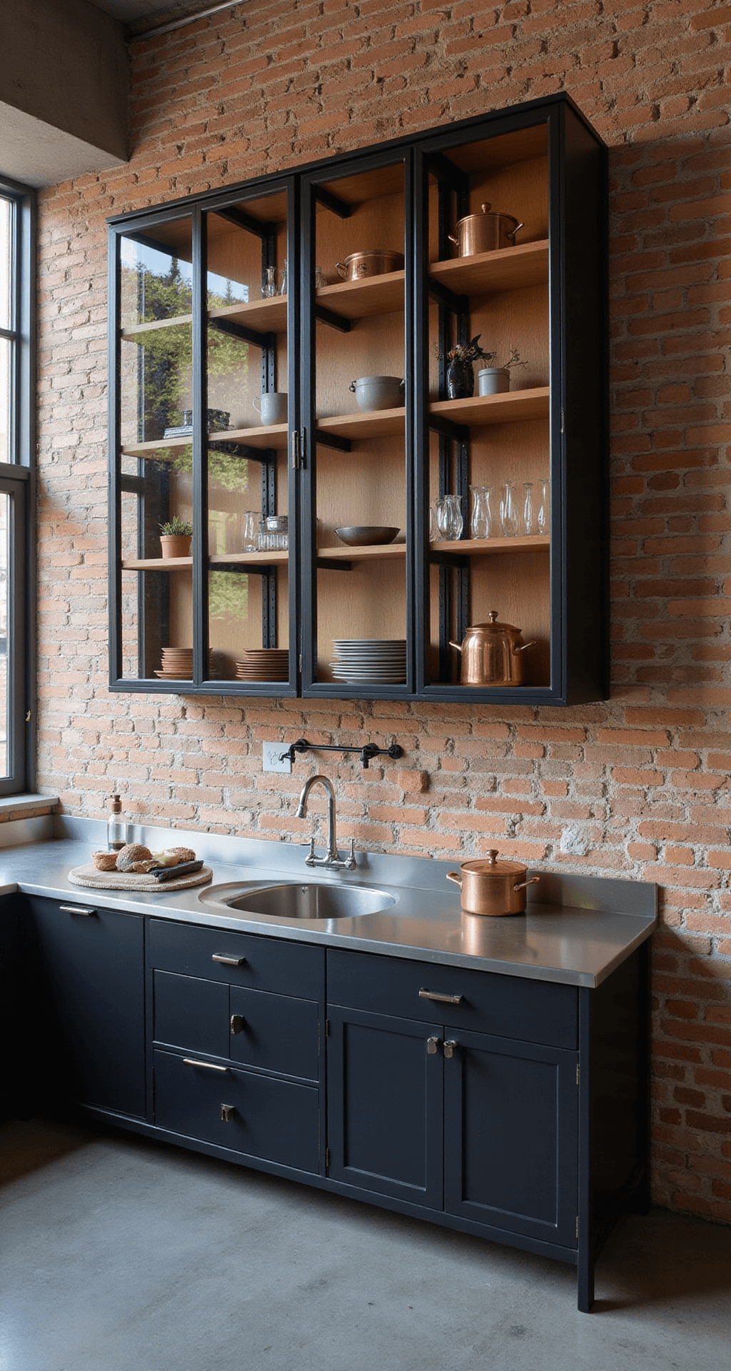 Kitchen Cabinets: Your Ultimate Styling and Photography Guide Industrial modern kitchen with black metal-framed glass cabinets, warm wood shelving, and an exposed brick wall, featuring copper cookware and stainless steel counters, captured in afternoon light to highlight geometric patterns.