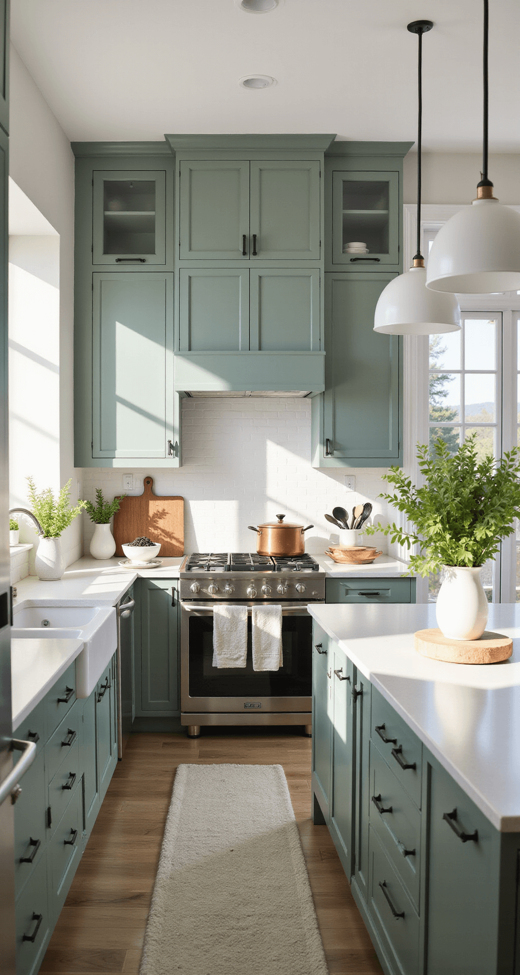 Painted Kitchen Cabinets: Your Ultimate DIY Transformation Guide A modern kitchen featuring sage green cabinets with matte black hardware, white quartz countertops, stainless steel appliances, and warm copper cookware, all illuminated by morning sunlight. The composition captures an L-shaped layout with a central island and includes decorative elements like white ceramic vases with fresh herbs and wooden cutting boards, shot at f/2.8 to emphasize cabinet details.