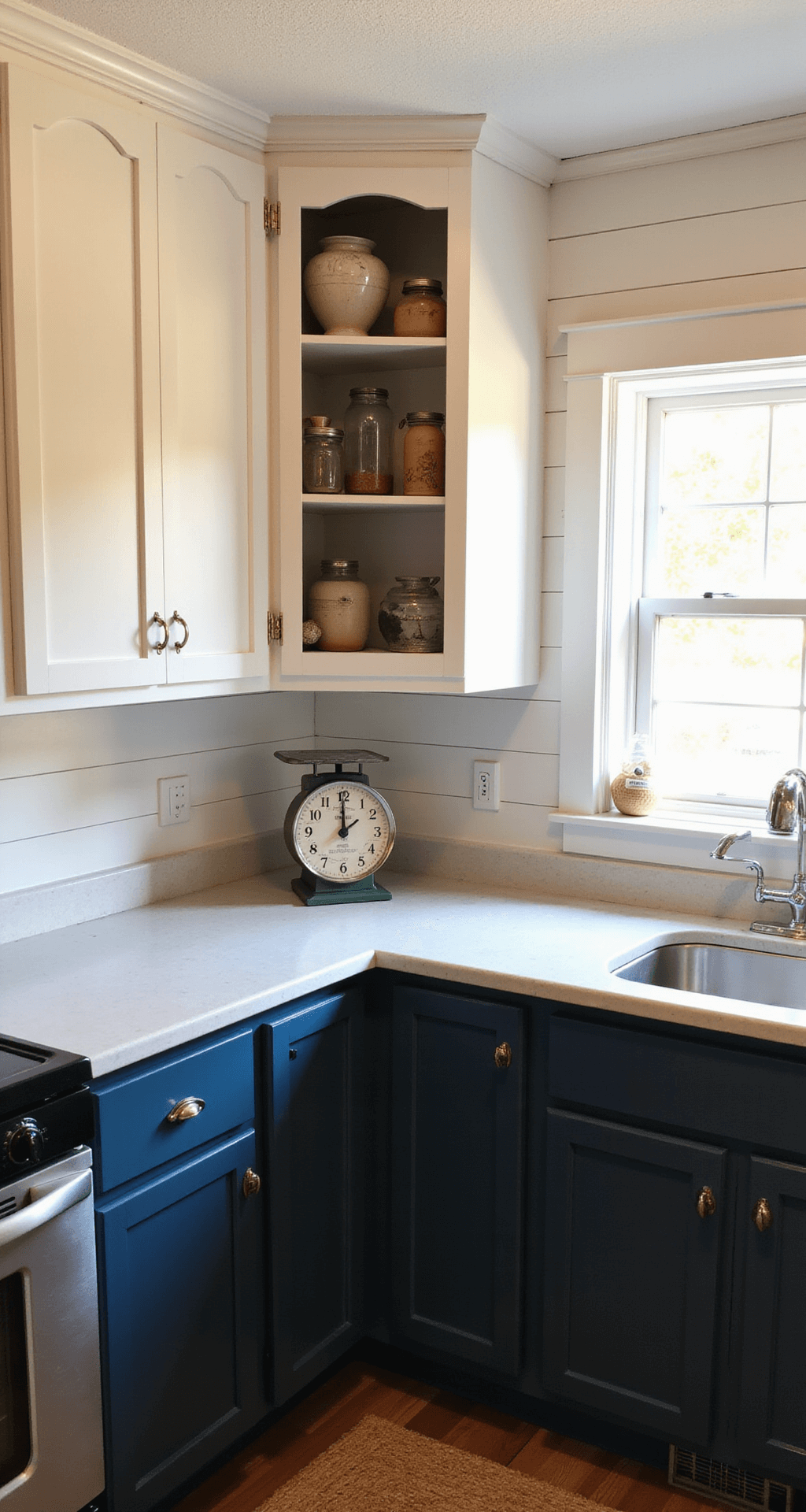 Painted Kitchen Cabinets: Your Ultimate DIY Transformation Guide Corner view of a cozy farmhouse kitchen featuring white upper cabinets and navy lower cabinets, highlighted by warm golden hour light, showcasing vintage pottery on open shelves and a natural jute rug.