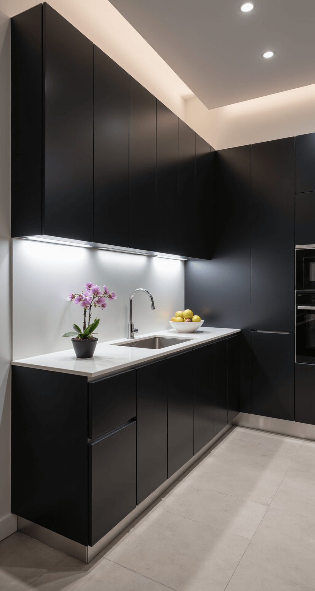 Painted Kitchen Cabinets: Your Ultimate DIY Transformation Guide Twilight view of a modern minimalist kitchen featuring matte black handle-less cabinets, a high-gloss white backsplash, a waterfall island, and ambient LED lighting, with a single orchid and geometric fruit bowl for decor, captured with a wide-angle lens.