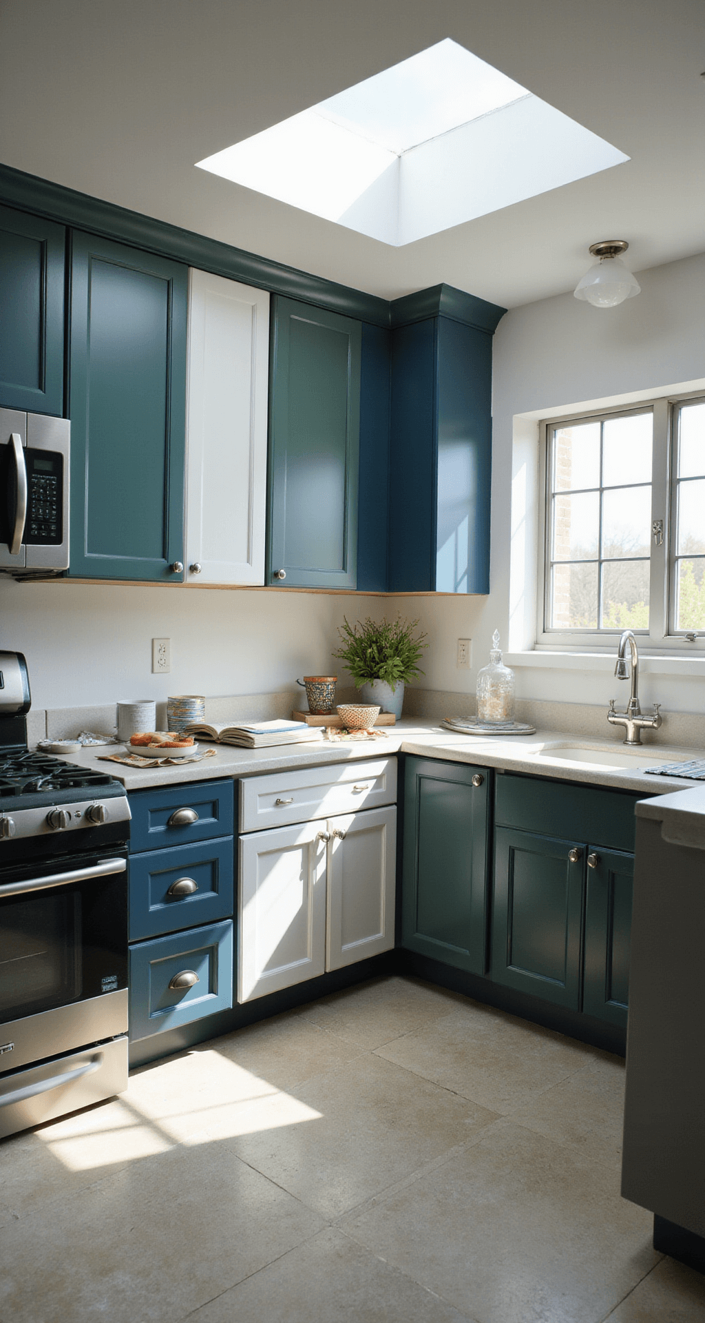 Painted Kitchen Cabinets: Your Ultimate DIY Transformation Guide A close-up view of a kitchen renovation showing various cabinet doors with paint samples in sage green, navy blue, classic white, and matte black, illuminated by afternoon light from a skylight. The scene features paint chips, brushes, and finish samples, highlighting the texture and finish differences in an artistic blur effect.