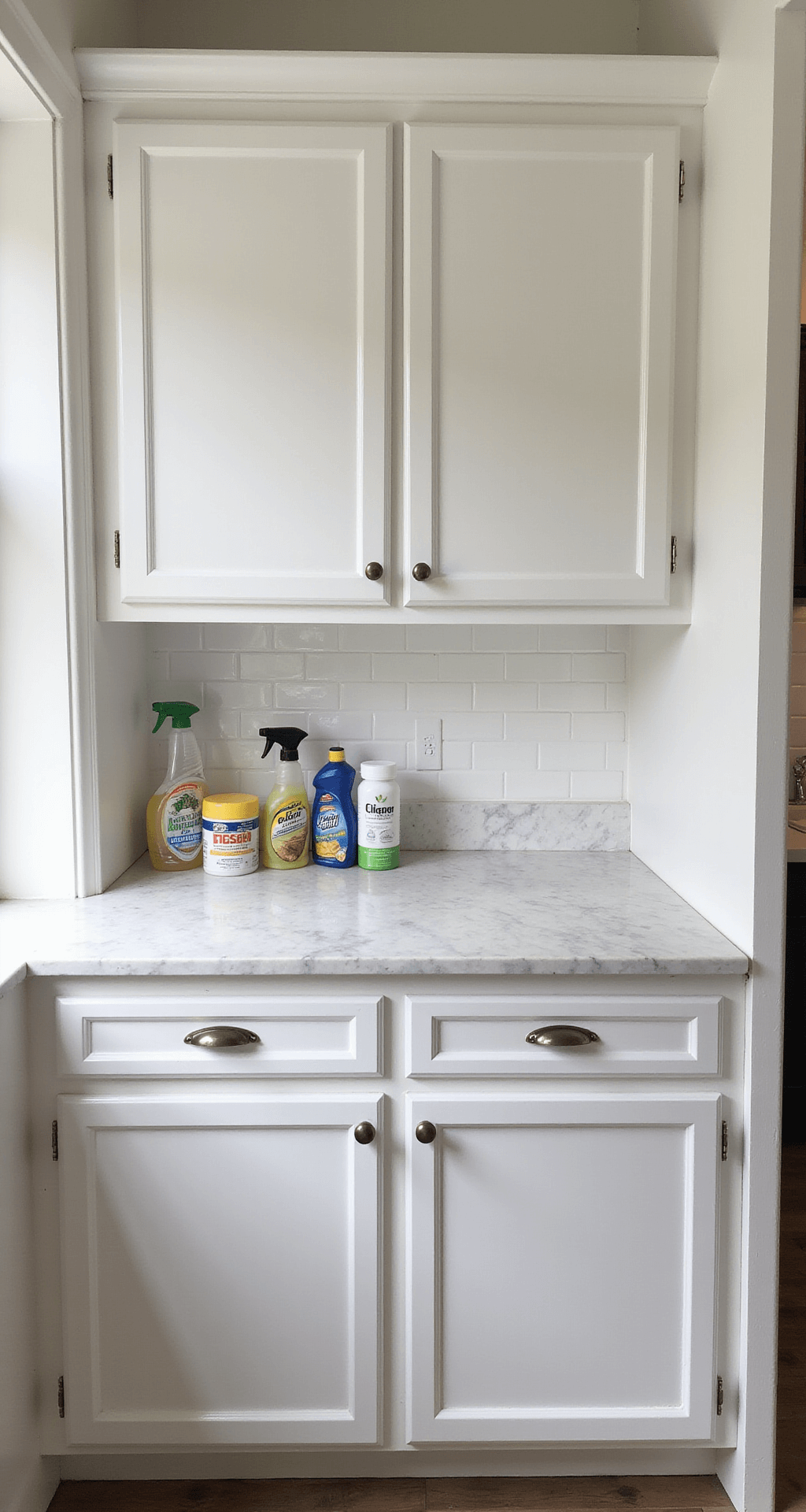 Painted Kitchen Cabinets: Your Ultimate DIY Transformation Guide Close-up of classic white kitchen cabinets with gleaming surfaces and pristine hardware, showcasing paint finish detail under morning light. Cleaning supplies arranged on a marble counter, with soft window light emphasizing cabinet care and maintenance.