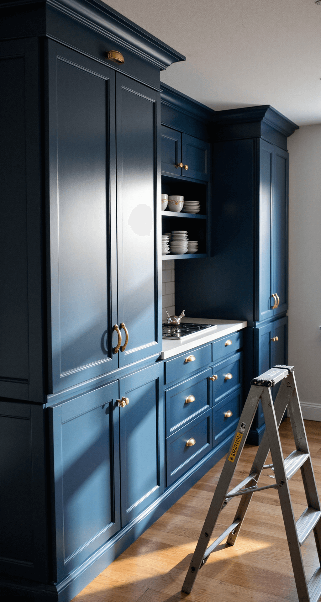 Painted Kitchen Cabinets: Your Ultimate DIY Transformation Guide A late afternoon view of a spacious chef's kitchen featuring deep navy cabinets with a flawless finish, highlighted by dramatic shadows and polished brass hardware. In the foreground, painting equipment including a step ladder and spray tools provide context for the professional paint job. The image is captured from an elevated angle for detailed clarity.