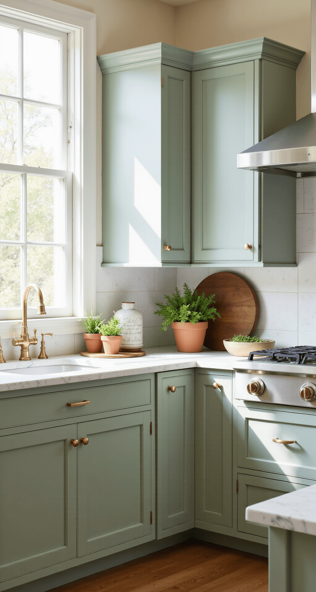 Green Kitchen Cabinets: A Stylish Home Transformation Guide Bright, airy kitchen with sage green shaker cabinets, marble countertops, and brass hardware, showcasing large east-facing windows, white oak flooring, and artisanal decor in a wide-angle shot.