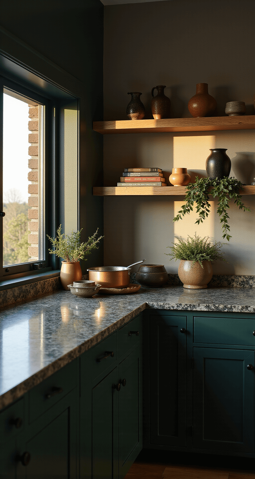 Green Kitchen Cabinets: A Stylish Home Transformation Guide Intimate modern kitchen corner with hunter green cabinets, matte black hardware, and natural oak floating shelves showcasing ceramics and cookbooks, illuminated by warm golden hour light casting dramatic shadows.