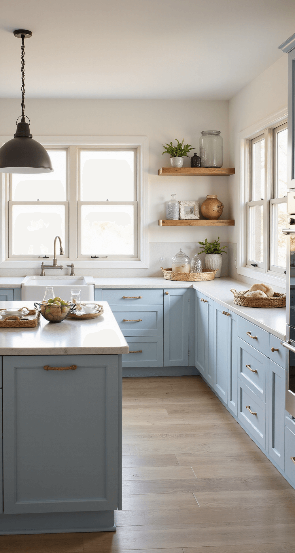 Kitchen Cabinets: Your Ultimate Styling and Photography Guide A bright and airy coastal California kitchen with pale blue-grey cabinets and white quartz counters, featuring large windows that fill the space with natural light. The scene is styled with woven trays, glass vessels, and driftwood pieces, complemented by bleached oak floors. The camera angle shows the cabinet layout, capturing the serene atmosphere and soft palette.