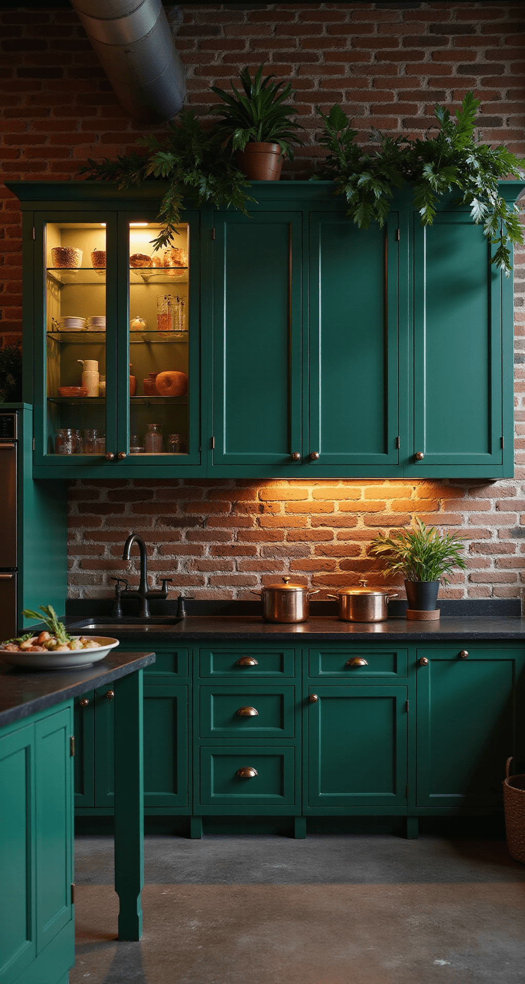 Green Kitchen Cabinets: A Stylish Home Transformation Guide Dramatic twilight kitchen in an industrial loft with emerald green cabinets, exposed brick wall, and brass accents, featuring black soapstone counters and vintage copper cookware, shot from a low angle with moody, cinematic lighting.