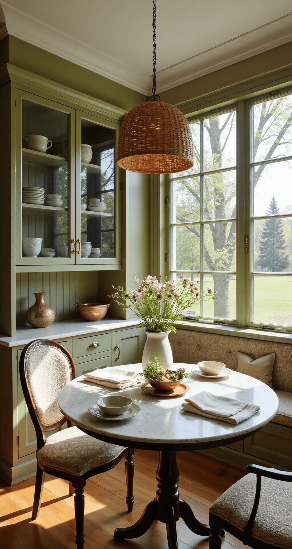 Green Kitchen Cabinets: A Stylish Home Transformation Guide Sun-drenched breakfast nook with olive green built-in cabinets showcasing vintage dishware, illuminated by morning light and dappled shadows from trees; features a round marble table, curved dining chairs, natural rattan pendant light, and a fresh flower centerpiece, creating a warm and inviting atmosphere.