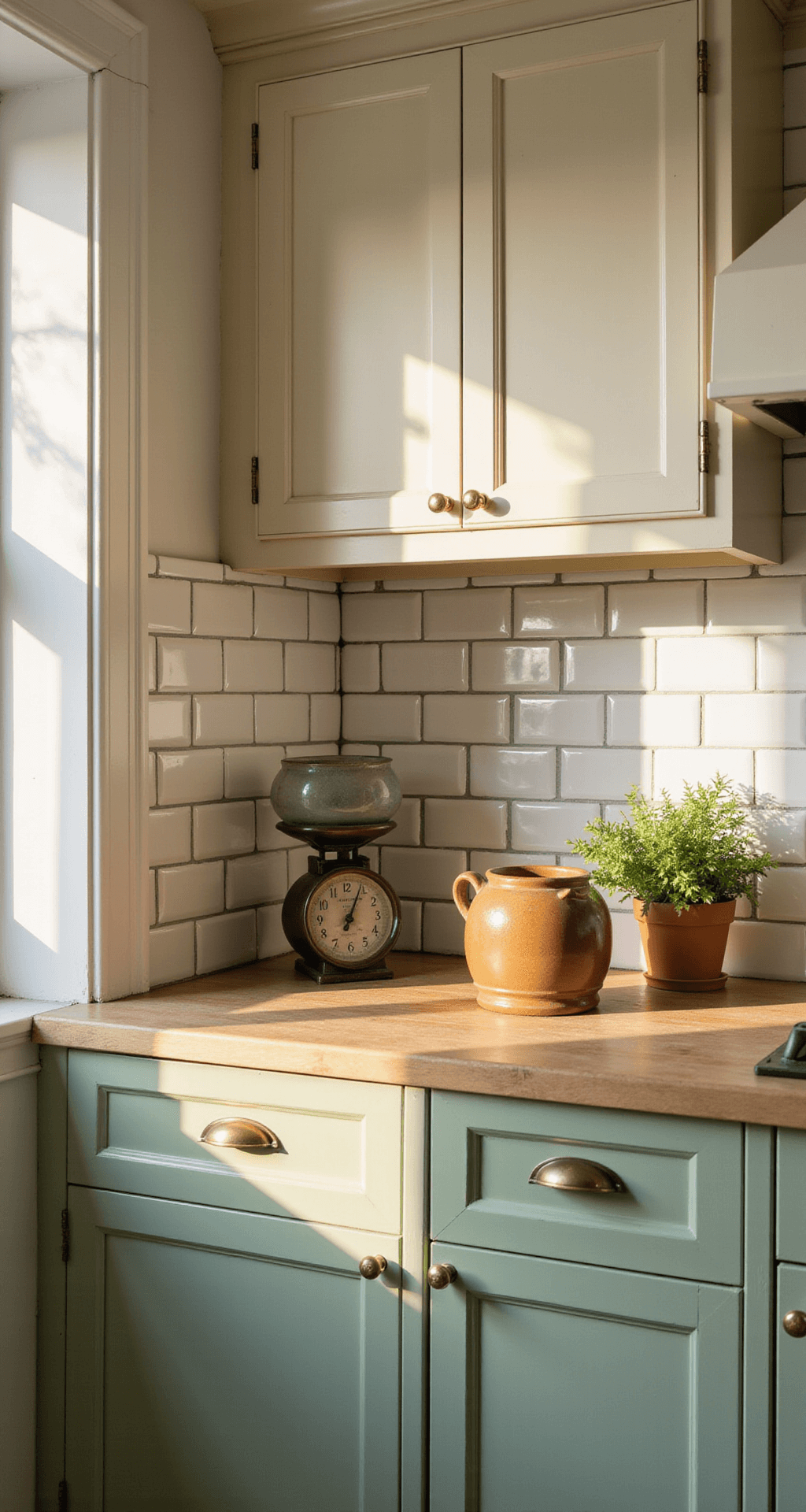 Green Kitchen Cabinets: A Stylish Home Transformation Guide Detail shot of a traditional farmhouse kitchen featuring sage green lower cabinets and cream upper cabinets, with brushed brass hardware, a white subway tile backsplash, and butcher block counters styled with vintage decor and potted herbs in warm afternoon light.