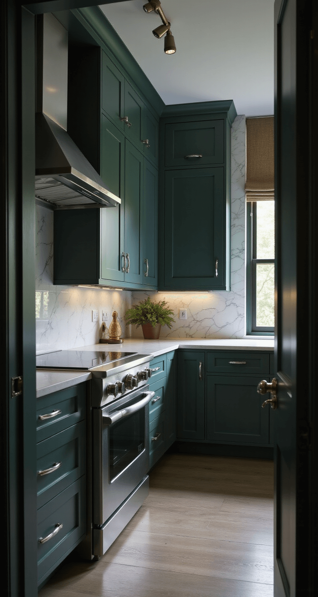 Green Kitchen Cabinets: A Stylish Home Transformation Guide A modern galley kitchen featuring tall deep forest green cabinets, polished nickel hardware, and a marble backsplash, illuminated by evening lighting from minimal track fixtures, framed by a doorway for a moody atmosphere.