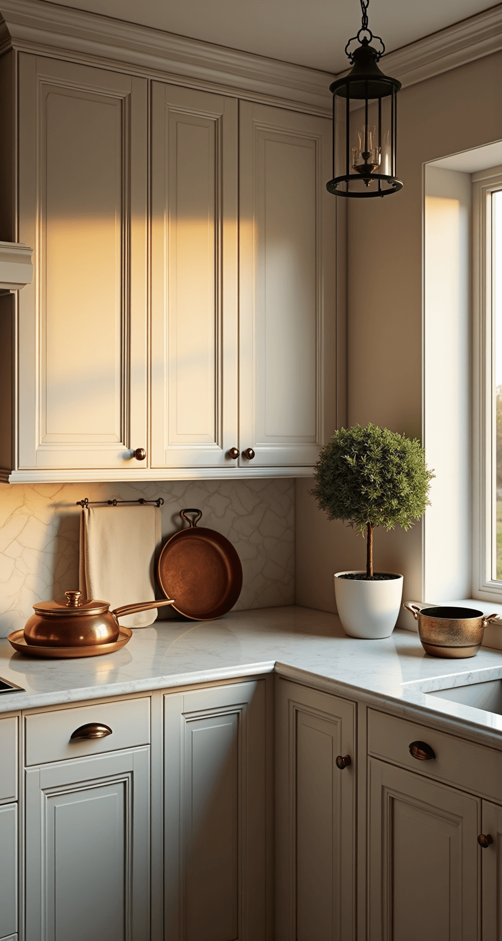 Taupe Kitchen Cabinets: The Ultimate Guide to Sophisticated Neutral Design Intimate angle of a taupe kitchen at golden hour, featuring intricate crown molding, quartzite countertops, antiqued brass hardware, and vintage copper cookware, illuminated by a dark bronze pendant light.