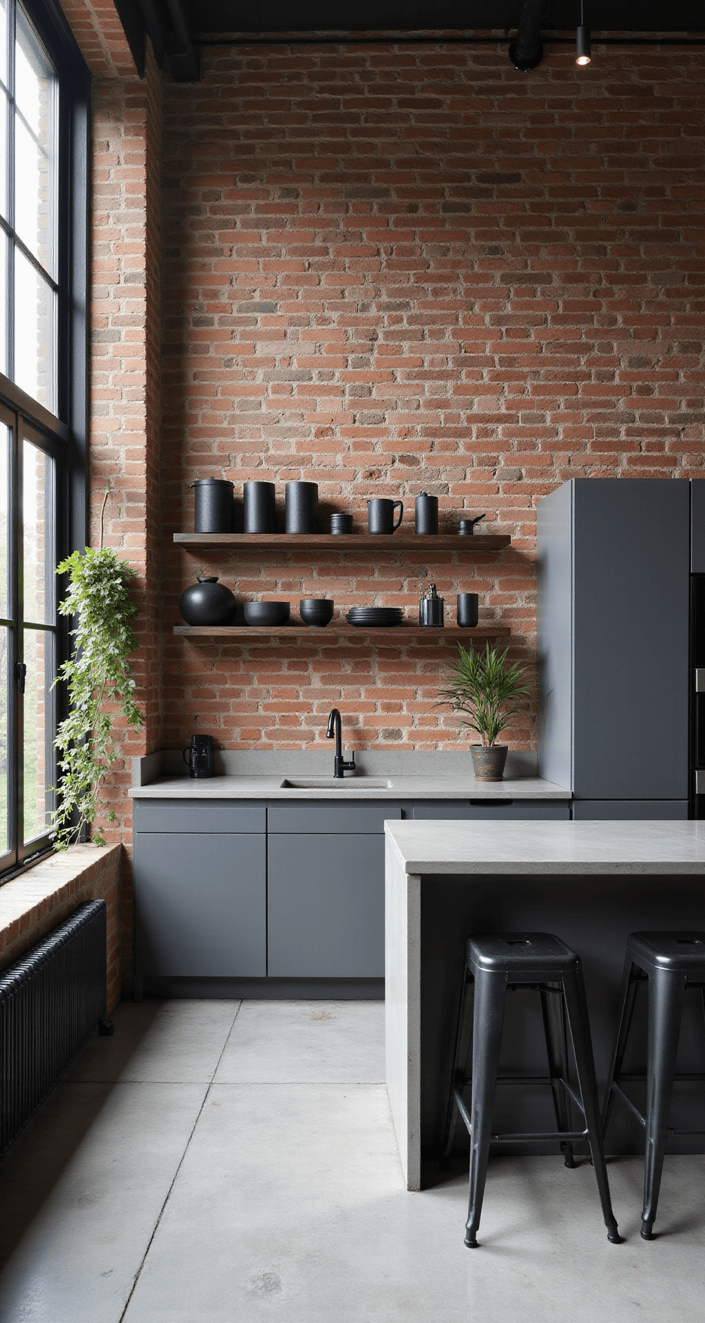 Taupe Kitchen Cabinets: The Ultimate Guide to Sophisticated Neutral Design A modern industrial kitchen featuring gray-taupe cabinets against an exposed brick wall, with high ceilings and black steel windows. Polished concrete countertops and floating shelves are accentuated by morning light creating shadows. Decorated with matte black ceramics, industrial bar stools, and trailing plants, captured with a wide-angle lens at chest height.
