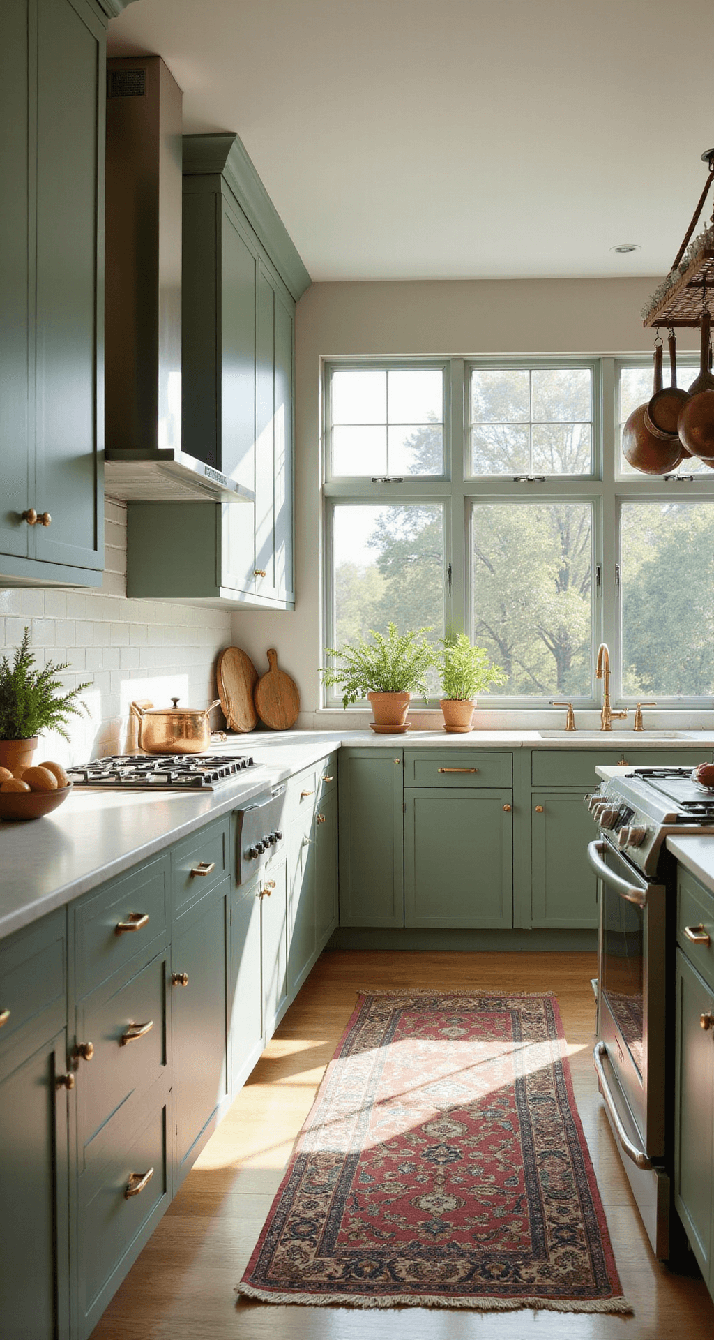 Green Kitchen Cabinets: A Refreshing Design Trend That Transforms Your Space A bright and spacious kitchen featuring sage green Shaker-style cabinets, white quartz countertops, and a marble subway tile backsplash, with morning sunlight streaming through large east-facing windows. A vintage Persian runner lies on white oak floors, and copper cookware hangs from a ceiling-mounted rack. The scene is styled with fresh herbs in terracotta pots and a bowl of citrus fruits, captured from a low corner angle with a wide-angle lens.