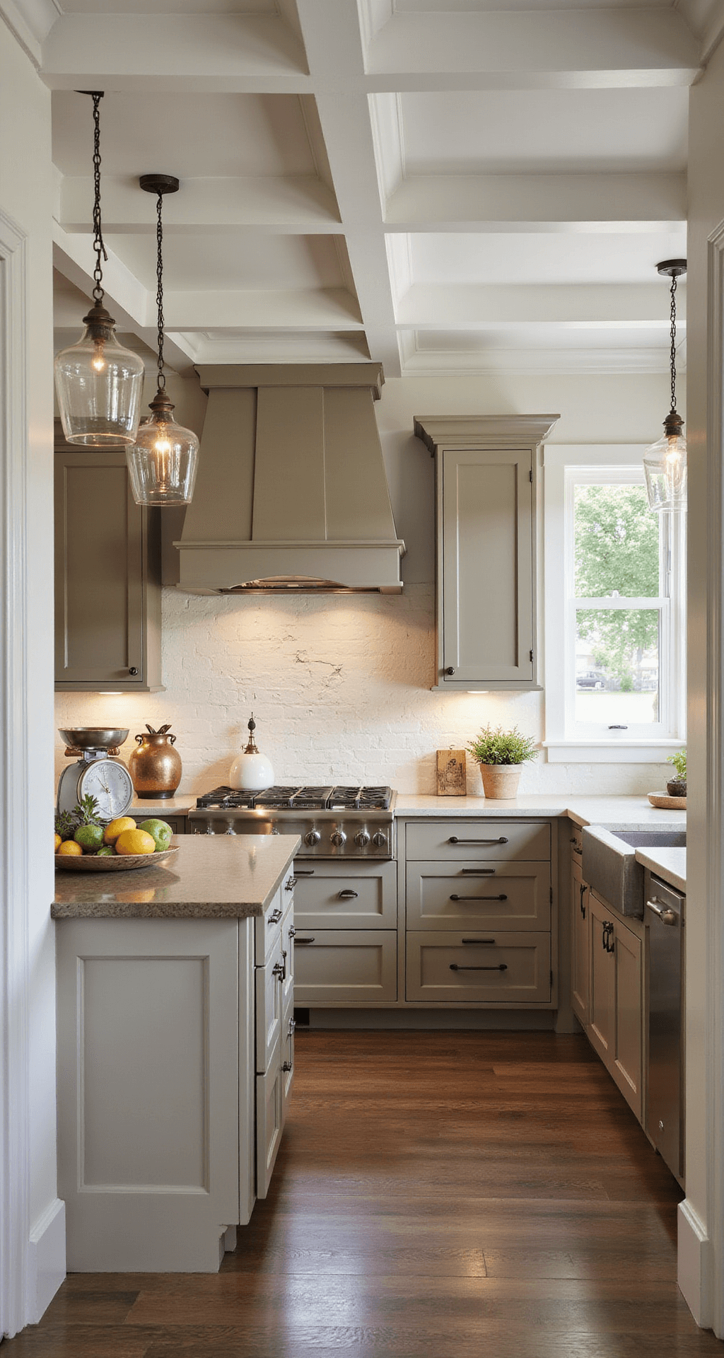 Taupe Kitchen Cabinets: The Ultimate Guide to Sophisticated Neutral Design A warm and inviting modern farmhouse kitchen featuring taupe cabinets, a white beamed ceiling, soapstone counters, and an apron sink, styled with vintage decor and fresh produce in morning light.
