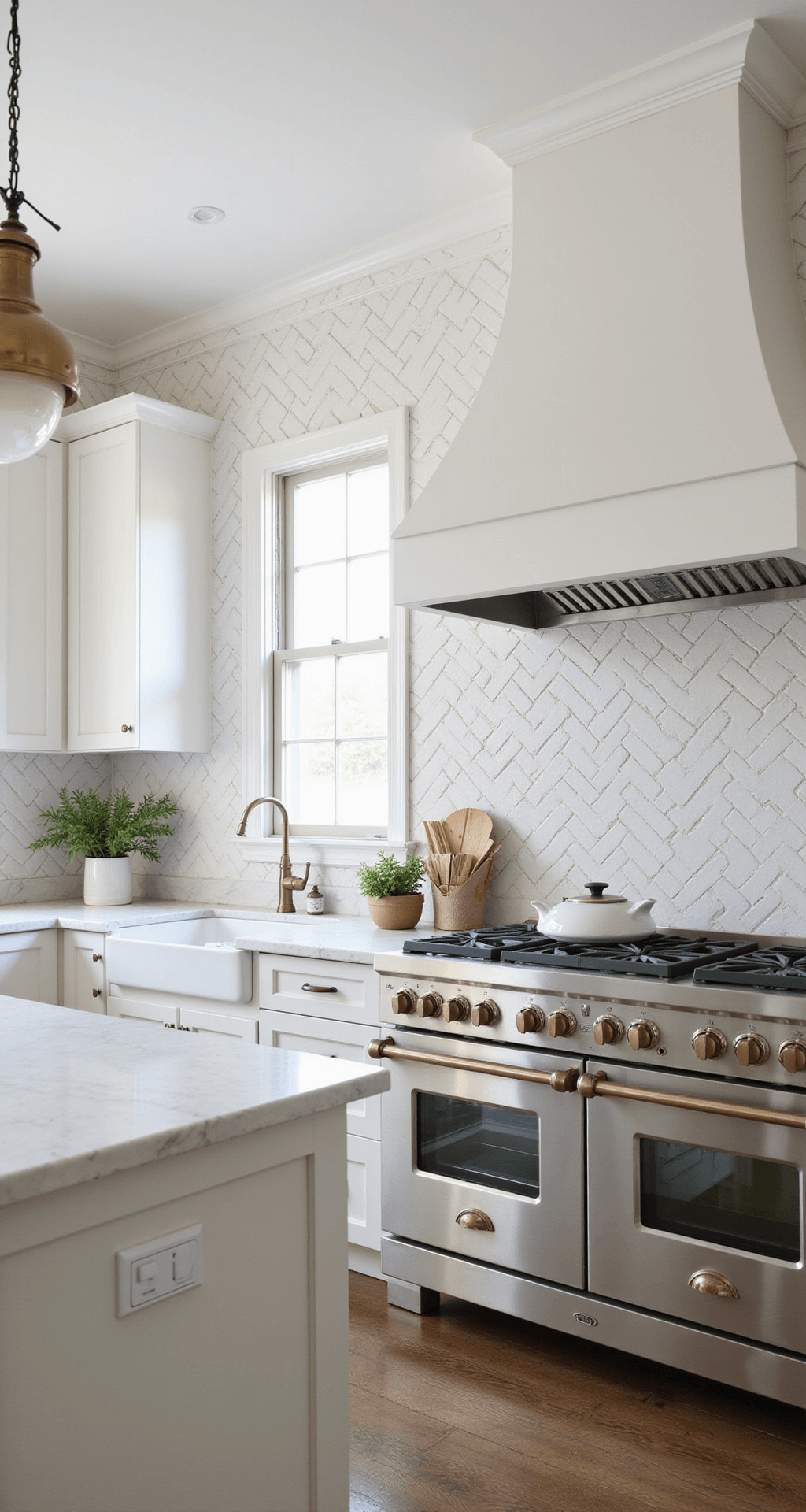 Kitchen Backsplash Ideas for White Cabinets: Transform Your Space with Style A bright modern kitchen featuring white Shaker cabinets, a herringbone subway tile backsplash, Carrara marble countertops, and stainless steel appliances, illuminated by natural light from a large window. Bronze hardware and pendant lights add warmth, while low-angle shot emphasizes the kitchen's height and design details.