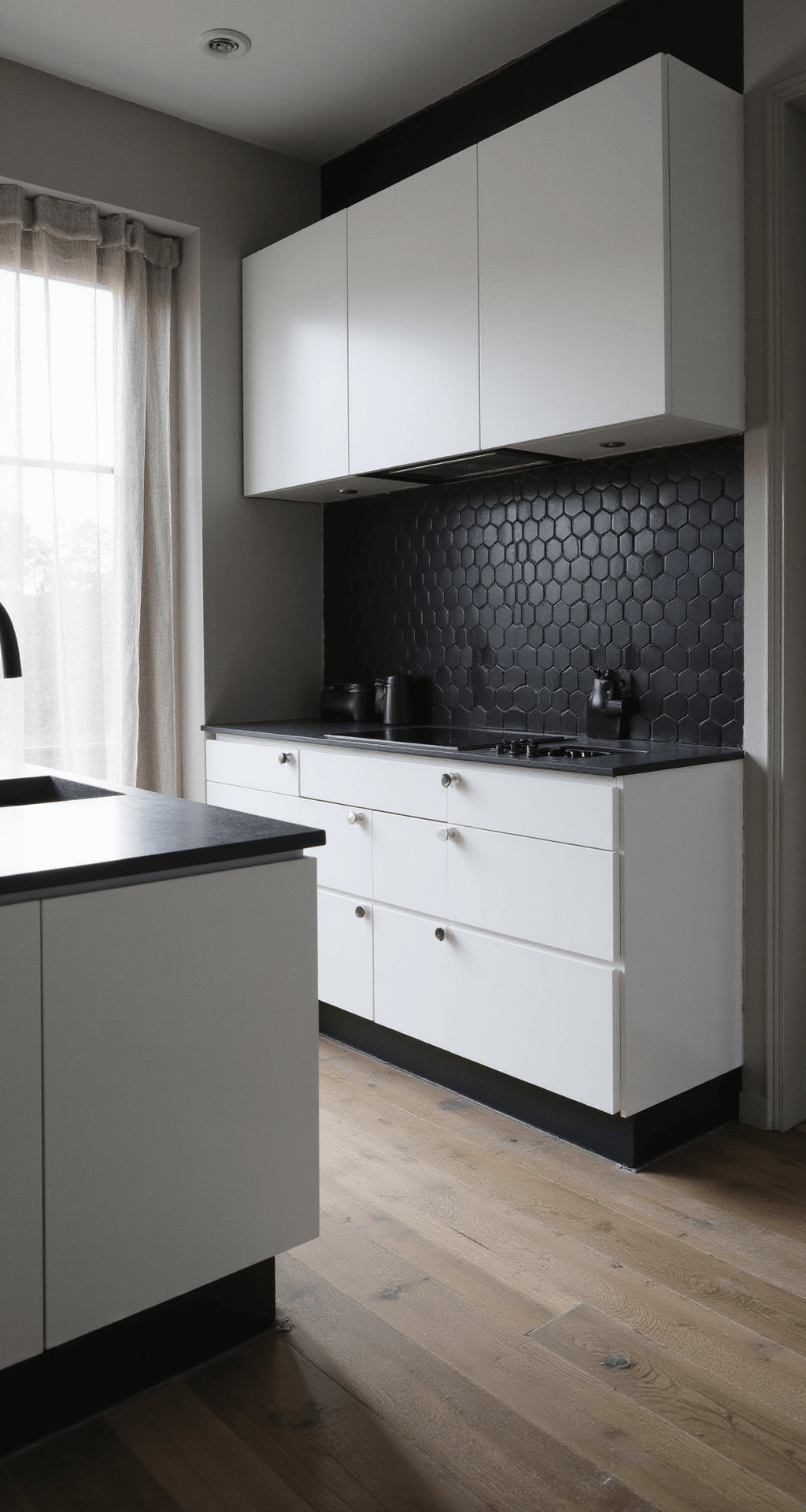 Kitchen Backsplash Ideas for White Cabinets: Transform Your Space with Style Dramatic contemporary kitchen with white flat-panel cabinets and matte black hexagonal backsplash tiles, featuring a 12-foot waterfall island. Afternoon sunlight filters through sheer curtains, highlighting the contrast between light and dark surfaces and emphasizing geometric patterns. Black matte fixtures and minimal hardware enhance the monochromatic theme.