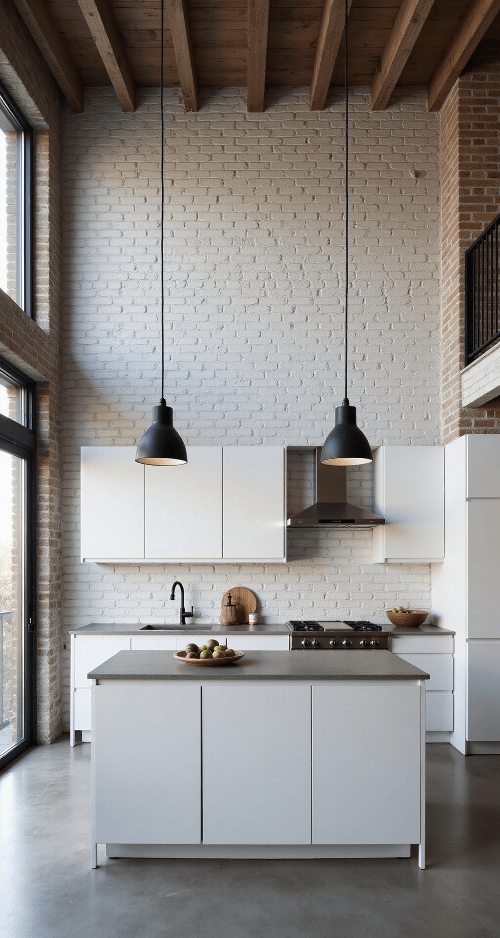 Kitchen Backsplash Ideas for White Cabinets: Transform Your Space with Style Industrial-chic kitchen featuring white slab cabinets, a weathered white brick backsplash, and concrete countertops, under a 15-foot double-height ceiling with black metal pendant lights, captured in a wide-angle shot from the entrance.