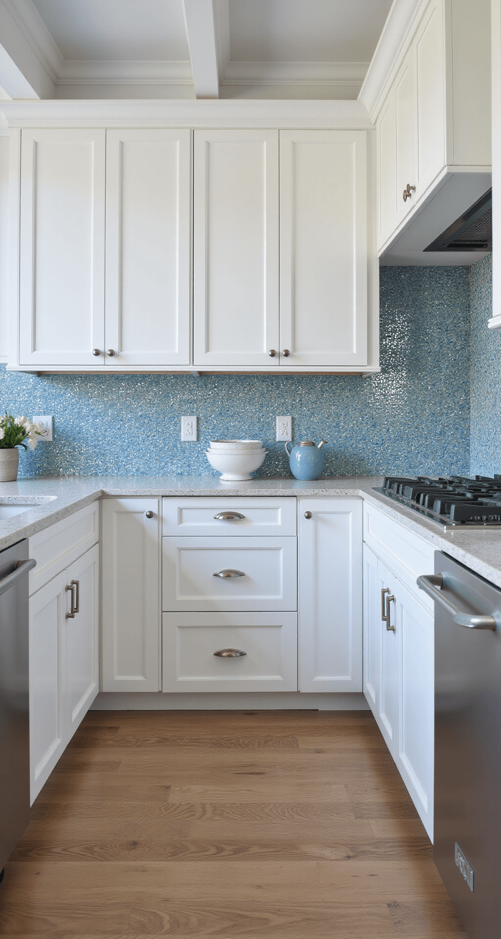 Kitchen Backsplash Ideas for White Cabinets: Transform Your Space with Style Coastal-inspired kitchen with white raised-panel cabinets, iridescent blue glass mosaic tiles, 10-foot tray ceiling with rope lighting, and chrome fixtures, all illuminated by natural and artificial light.