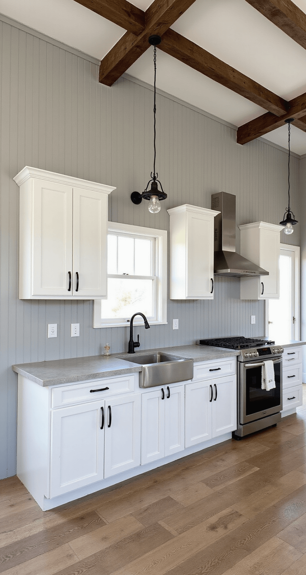 Kitchen Backsplash Ideas for White Cabinets: Transform Your Space with Style Modern farmhouse kitchen featuring white inset cabinets, a dove gray vertical shiplap backsplash, rustic wooden beams, and vintage-style pendant lights, with morning light accentuating textures and vertical lines.