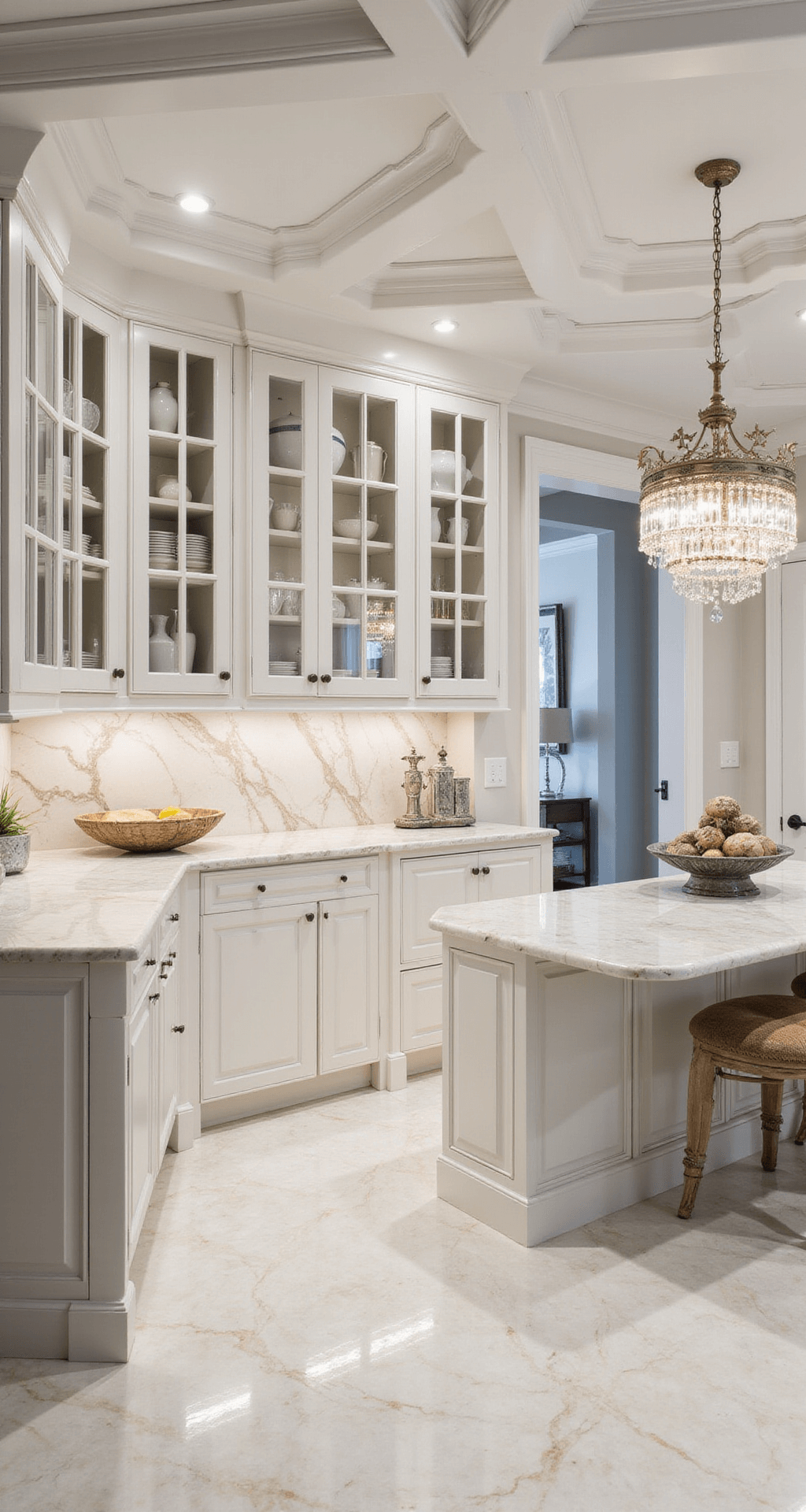 Kitchen Backsplash Ideas for White Cabinets: Transform Your Space with Style Luxurious transitional kitchen with white glass-front upper cabinets, solid lower cabinets, and large-format Calacatta Gold marble backsplash, featuring a 12-foot coffered ceiling, crystal chandelier, and dramatic veining patterns, shot from a corner angle with soft, even lighting.