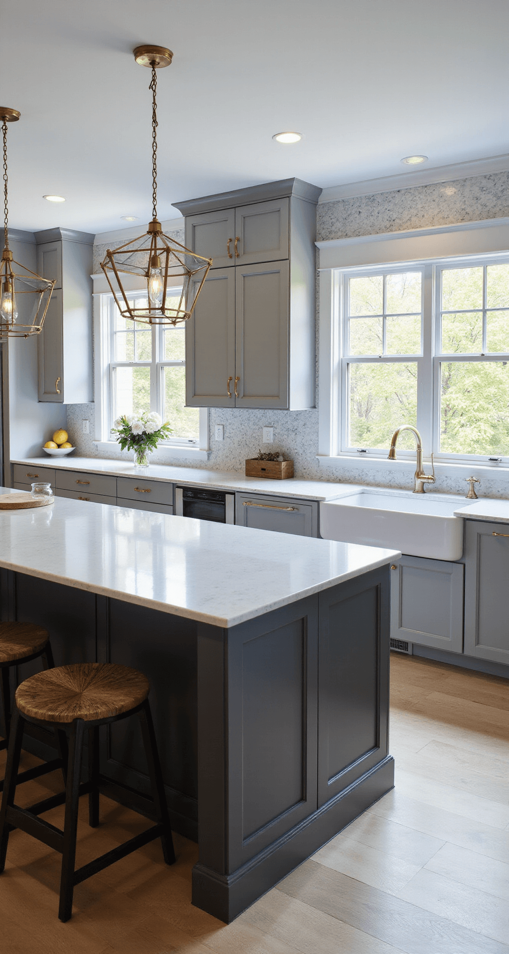 Gray Kitchen Cabinets: A Timeless Design Statement for Modern Homes A contemporary kitchen featuring dove gray Shaker-style cabinets, white quartz countertops, and a charcoal gray center island, illuminated by morning light through floor-to-ceiling windows, with geometric pendant lights above.