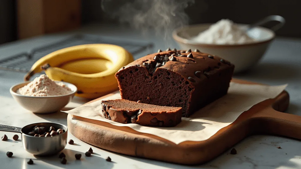 Chocolate Banana Bread: The Ultimate Decadent Comfort Bread A photorealistic image of freshly baked chocolate banana bread on a rustic wooden cutting board, with steam rising and a chocolate chip-studded top. A perfect slice reveals a moist crumb, surrounded by overripe bananas, cocoa powder, vintage measuring cups, and a wire cooling rack, set against a cozy farmhouse kitchen backdrop.