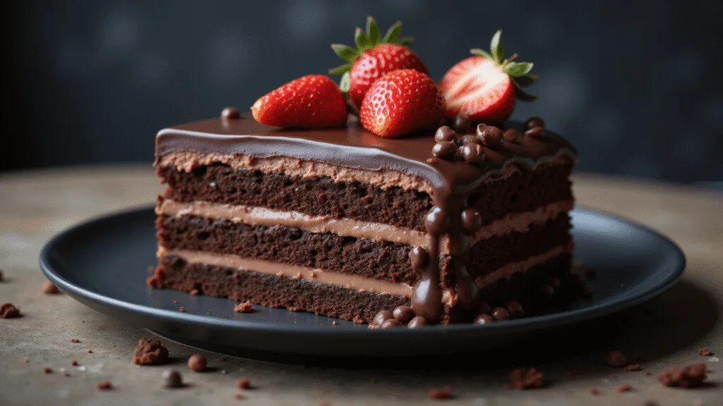 Decadent Chocolate Bento Cake: Your Perfectly Portable Sweet Indulgence A three-layered chocolate bento cake coated in dark ganache, adorned with metallic chocolate pearls and fresh strawberry slices, displayed on a matte black ceramic plate with a dark textured background, showcasing extreme detail of the layers and soft background blur.