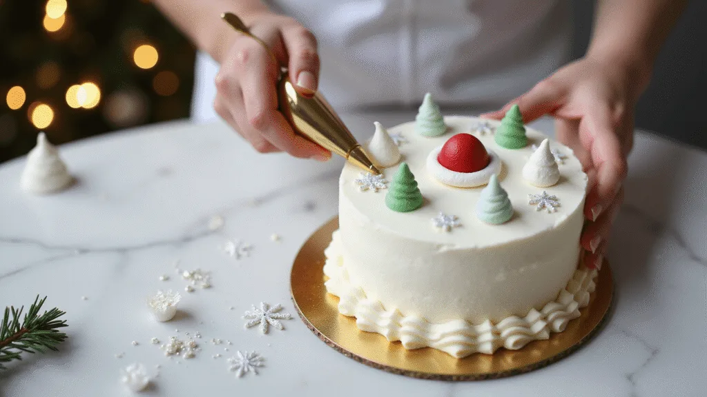 CHRISTMAS BENTO CAKE: A FESTIVE MINI DESSERT DELIGHT A cinematic overhead view of a 4-inch Christmas bento cake decorated with white buttercream, a fondant Santa hat, and meringue Christmas trees on a marble countertop, enhanced by fairy lights and festive props.