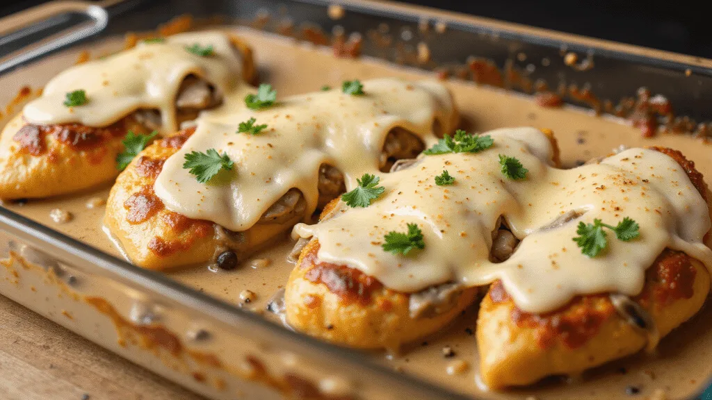 BAKED CHICKEN WITH CREAM OF MUSHROOM SOUP: A FOOLPROOF FAMILY FAVORITE Close-up of a golden-brown chicken casserole with bubbling cream of mushroom sauce and melted mozzarella cheese, topped with fresh parsley, photographed at a 45-degree angle in warm natural lighting.