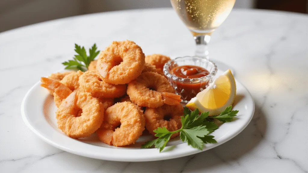 Crispy Fried Shrimp with Zesty Cocktail Sauce: A Restaurant-Quality Appetizer in Minutes Photorealistic image of golden-brown crispy fried shrimp in an elegant spiral arrangement on a white ceramic plate, paired with a crystal ramekin of vibrant red cocktail sauce, garnished with parsley sprigs and lemon wedges, shot with soft side lighting and shallow depth of field.