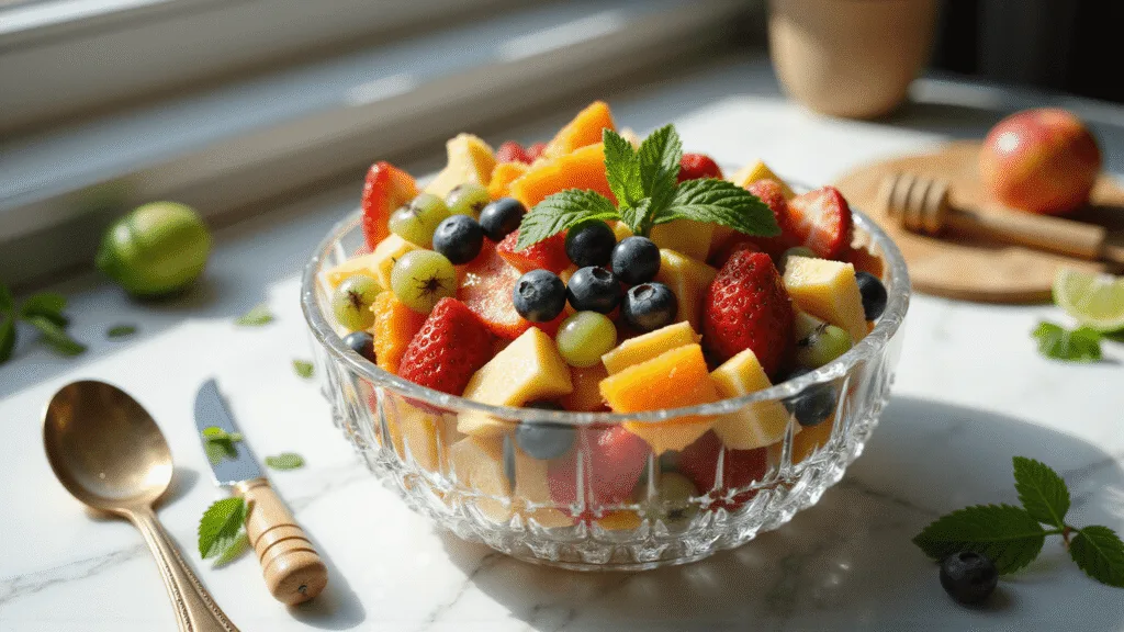 Fresh Fruit Salad: The Ultimate Summer Refresh Photorealistic image of a crystal glass bowl filled with vibrant tropical fruit salad, including strawberries, blueberries, pineapple, peaches, grapes, kiwi, and orange segments, presented on a white marble countertop with morning sunlight, garnished with mint leaves and drizzled honey.