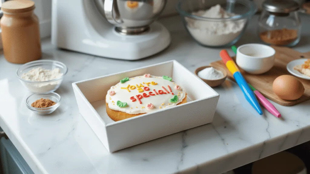 Bento Cake Engraçado - O Mini Bolo Personalizado que Vai Fazer Todos Rirem Overhead shot of a mini bento cake in a white styrofoam box on a marble kitchen counter, surrounded by baking ingredients like flour, sugar, and eggs, with kawaii decorations and colorful text, captured in high-end professional lighting.