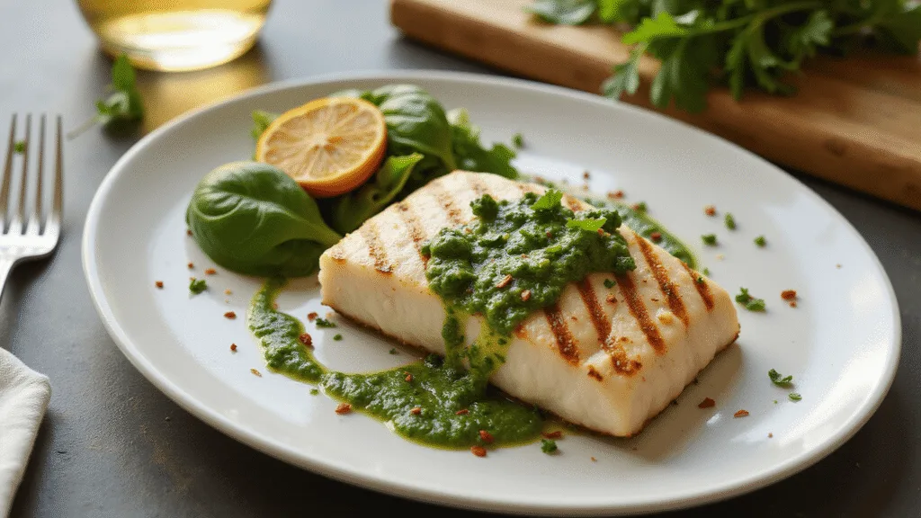 GRILLED HALIBUT WITH HERB SAUCE Photorealistic image of a perfectly grilled halibut fillet with golden grill marks on a white plate, drizzled with vibrant green herb sauce, a charred lemon half beside it, and garnished with fresh herbs and red pepper flakes, captured in soft natural light.