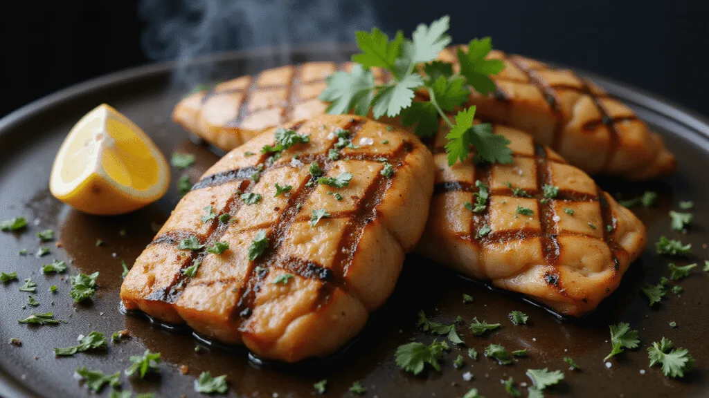 GRILLED SWORDFISH STEAKS: THE ULTIMATE SUMMER SEAFOOD SHOWSTOPPER Aromatic grilled swordfish steaks with charred lemon halves and Mediterranean herbs, showcasing glistening olive oil and flaky texture, captured in soft natural lighting with dramatic shadows and a shallow depth of field.