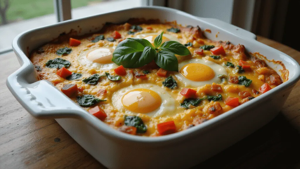 Healthy Breakfast Casserole - Your Ultimate Morning Wellness Boost A photorealistic breakfast casserole with fluffy eggs, vibrant red bell peppers, emerald spinach, and melted cheddar cheese in a ceramic baking dish, captured at a 45-degree angle with steam rising in morning sunlight. Garnished with fresh spinach and diced peppers on a rustic wooden table.