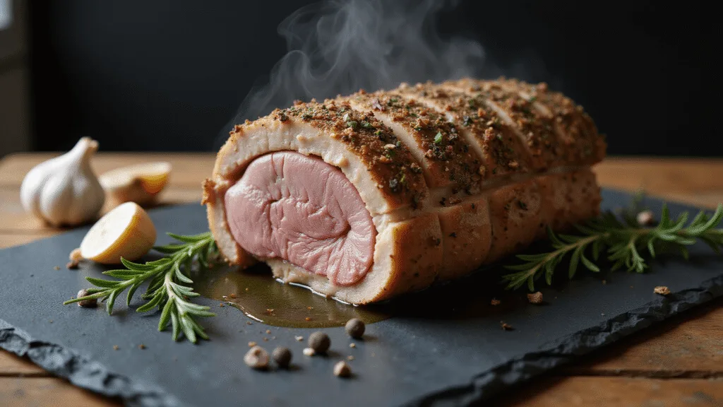 HERB ROASTED PORK TENDERLOIN: THE ULTIMATE EASY DINNER HERO Close-up of a perfectly roasted pork tenderloin sliced to show a juicy pink center, garnished with fresh herbs, garlic, and olive oil droplets on a dark slate board, with dramatic side lighting and a professional meat thermometer reading 145°F.