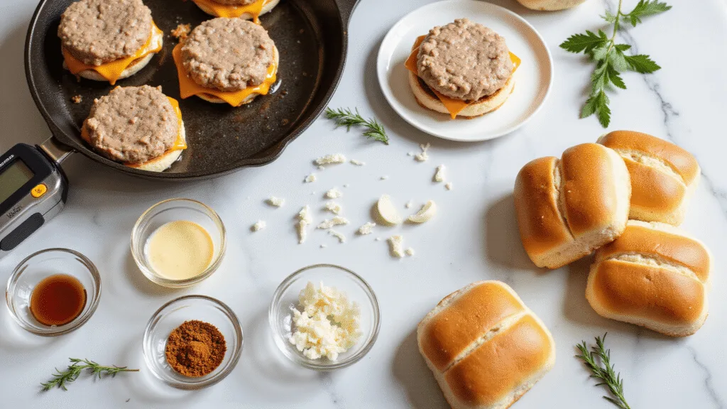 TURKEY BURGER SLIDERS: Easy, Juicy Mini Burgers Perfect for Any Occasion Photorealistic overhead view of a professional kitchen scene with raw turkey slider patties on a marble countertop, sizzled patties in a cast-iron skillet, toasted brioche buns, seasonings, fresh herbs, and measuring tools, all beautifully lit with warm tones.
