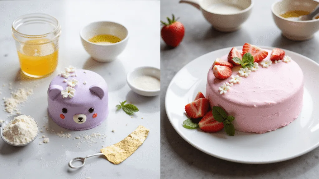 BENTO CAKE LUCU: ADORABLE MINI CAKE MAGIC A split-scene photograph showing a baking preparation setup with separated egg yolks and flour on the left, and a completed kawaii bento cake with pastel frosting and decorative elements on the right.