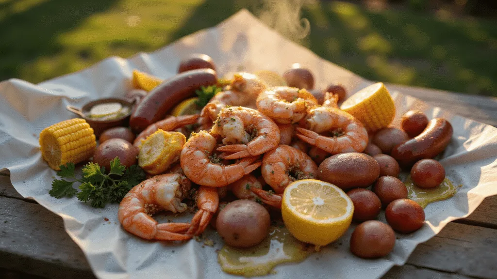 Low Country Boil: A Mouthwatering One-Pot Seafood Extravaganza Photorealistic overhead shot of a Low Country Boil with pink shrimp, red crab legs, and andouille sausage on newspaper, golden hour lighting with steam, garnished with parsley and lemon wedges, rustic wooden table, and bokeh string lights in background.