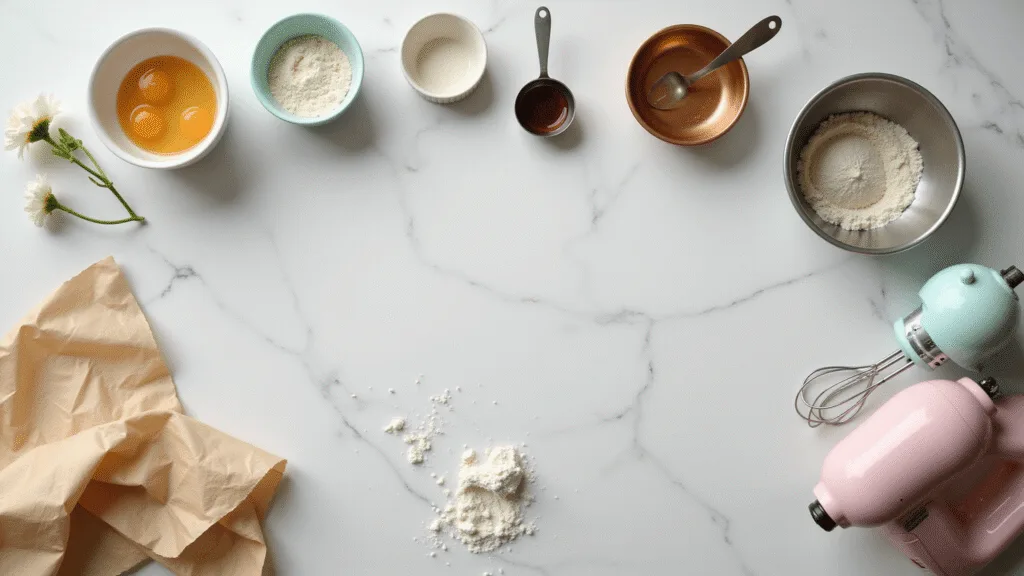 BOLO BENTO CAKE: A Cute Mini Cake Experience Photorealistic overhead shot of a luxurious baking preparation scene on a white marble counter, featuring farm-fresh eggs, sifted flour, granulated sugar, a copper mixing bowl, and professional baking tools, styled with pastel pink and mint green accents, illuminated by natural light, evoking creativity.