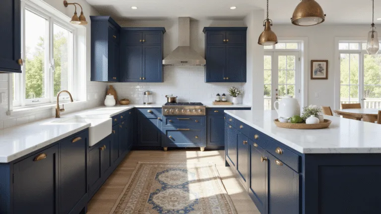 Blue Kitchen Cabinets: Transform Your Kitchen with Stunning Blue Hues Photorealistic image of a luxurious coastal kitchen with navy blue Shaker-style cabinets, white Carrara marble countertops, and a farmhouse sink, illuminated by natural morning light through large windows, featuring industrial pendant lights, white oak flooring, and a vintage Persian runner.