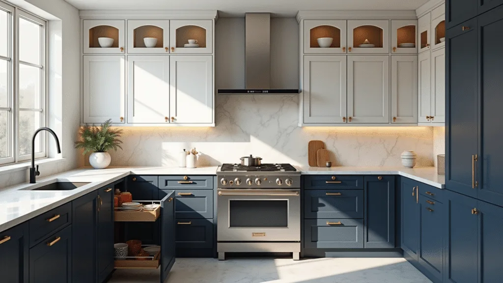 Stylish Kitchen Cabinet Ideas: Transform Your Space with Smart Design Photorealistic image of a modern sun-drenched kitchen showcasing two-tone Shaker-style cabinets in white and navy blue, marble countertops, glass-front upper cabinets with LED lighting, and walnut pull-out storage, emphasizing luxury and functionality.