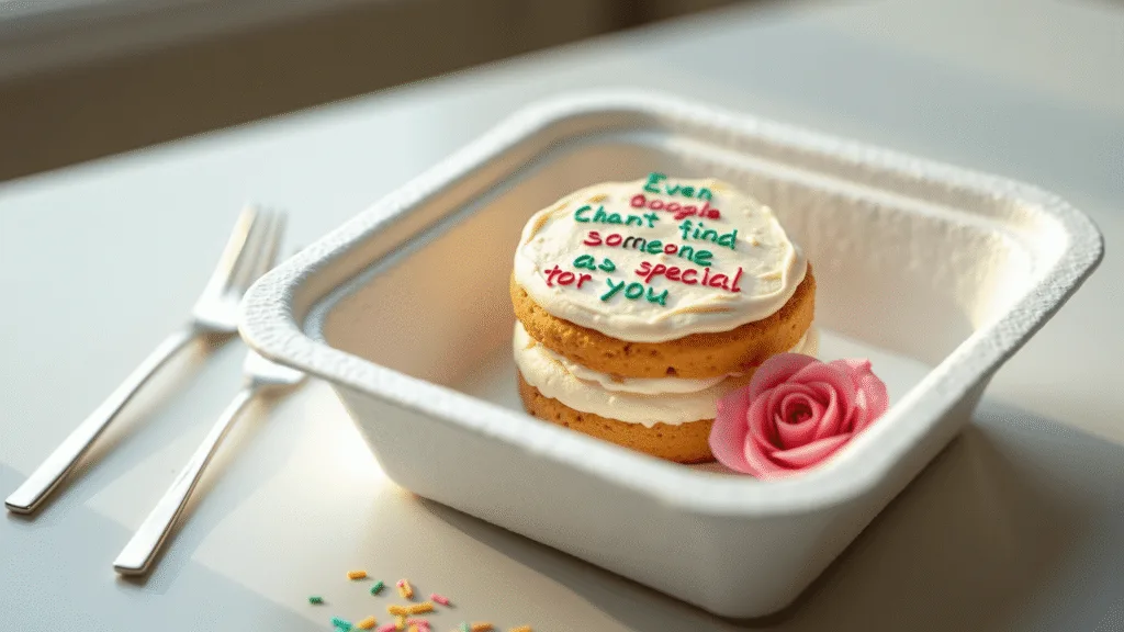 Bento Cake Engraçado - Your Tiny Comedic Dessert Masterpiece Photorealistic image of a petite bento cake with white buttercream frosting, colorful playful lettering, captured in a pristine styrofoam container on a light marble countertop, featuring a delicate silver fork, scattered pastel sprinkles, and a pink rose, with natural lighting and soft bokeh background.
